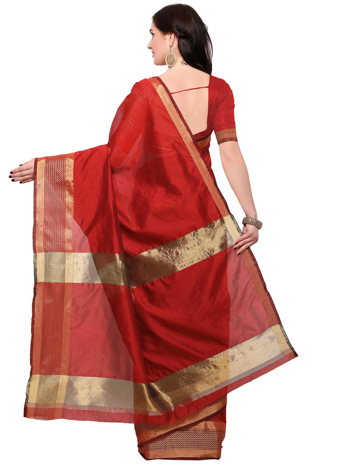 red cotton silk bordered saree with blouse - 15144359 - Zoom Image - 2