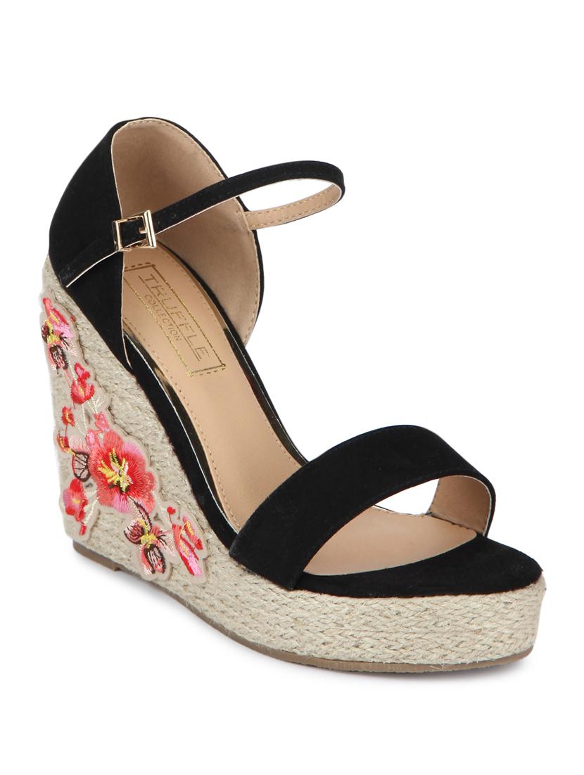 black micro embroidred ankle strap wedges - 15144755 - Zoom Image - 1