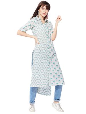 green cotton highlow kurta - 15149714 - Standard Image - 2