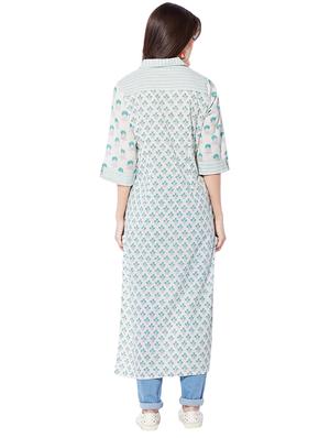 green cotton highlow kurta - 15149714 - Standard Image - 3