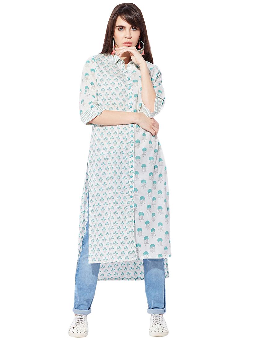 green cotton highlow kurta - 15149714 - Zoom Image - 1