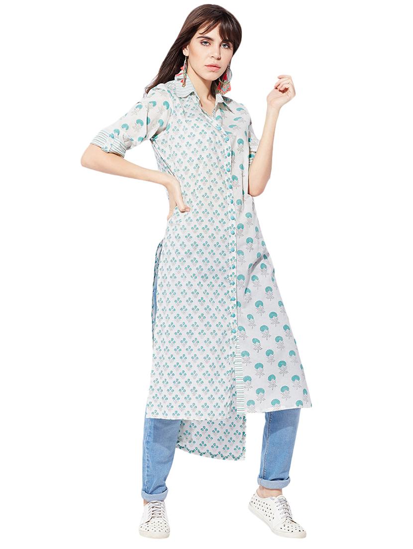 green cotton highlow kurta - 15149714 - Zoom Image - 2
