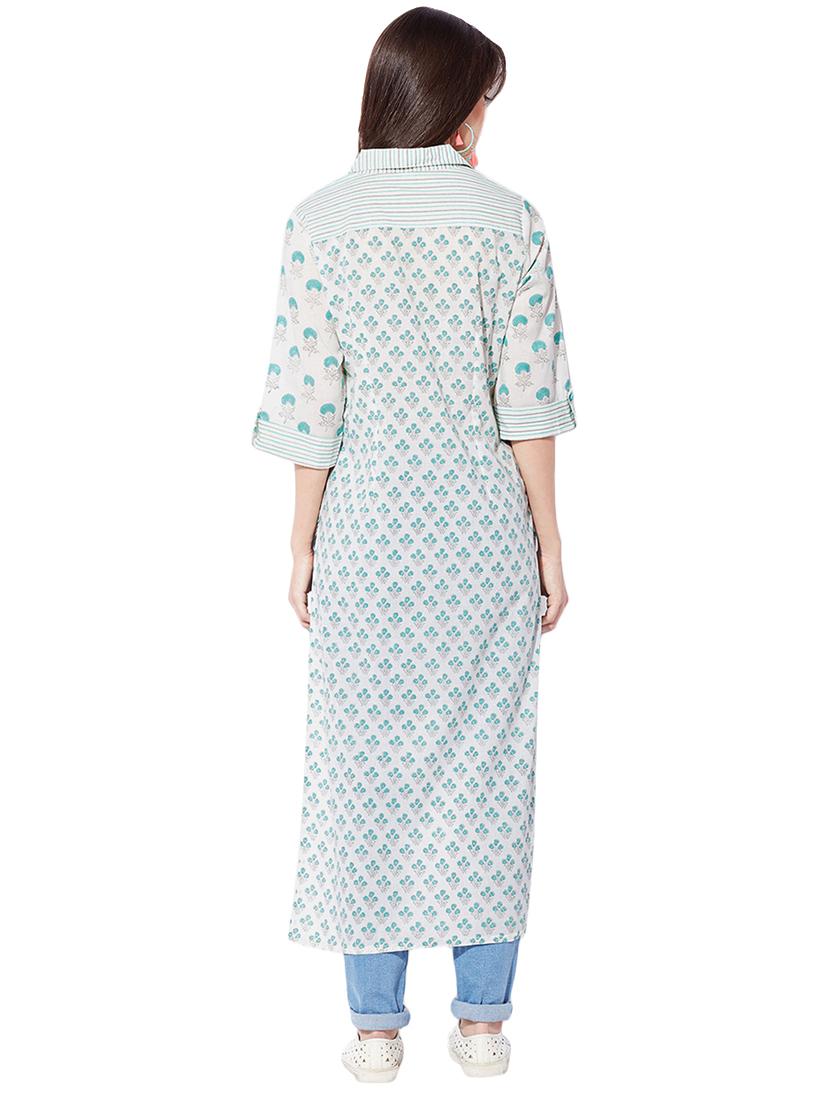 green cotton highlow kurta - 15149714 - Zoom Image - 3