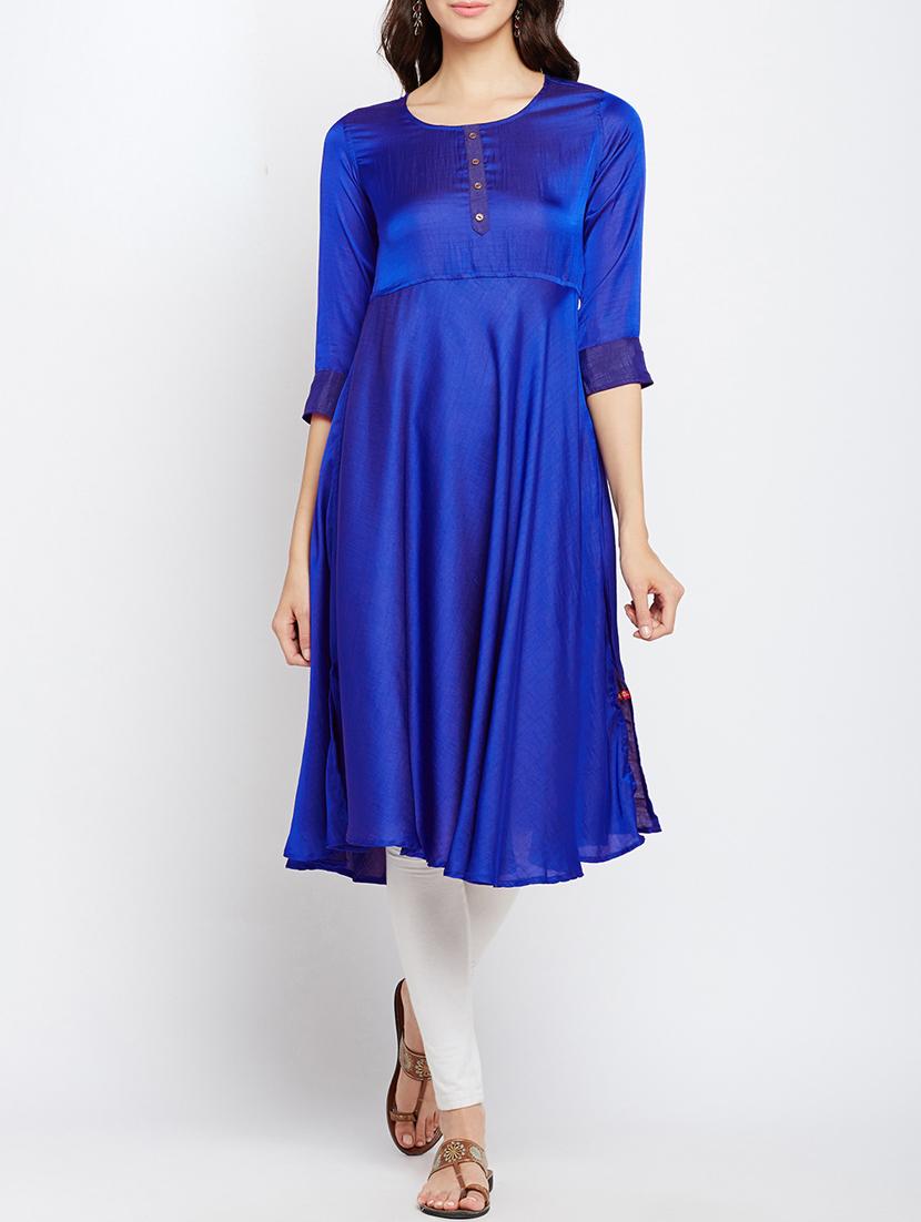 blue cotton flared kurta - 15151233 - Zoom Image - 3