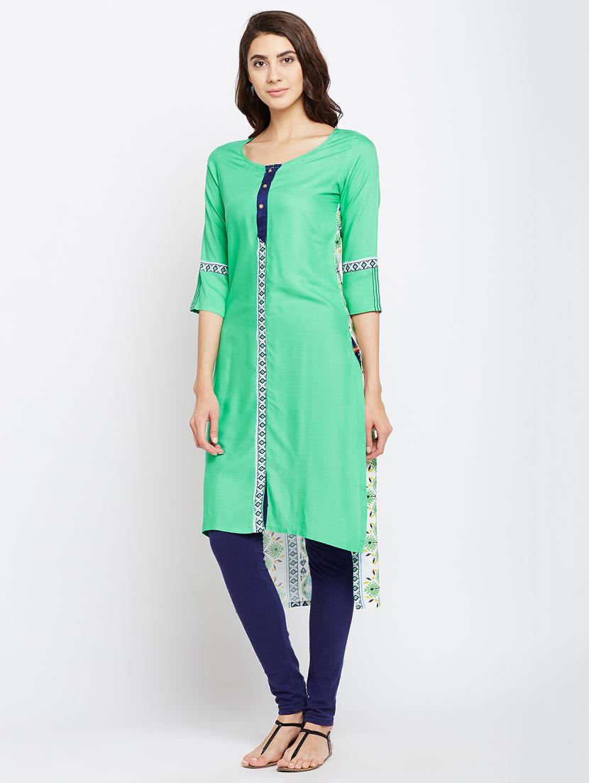 green cotton high low kurta - 15151238 - Zoom Image - 2