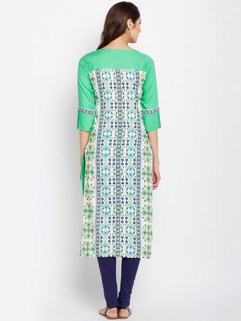 green cotton high low kurta - 15151238 - Zoom Image - 3