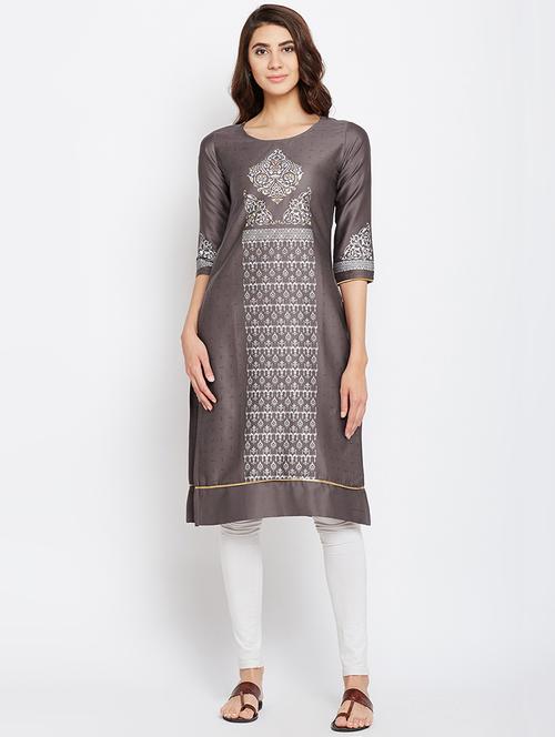 grey printed satin straight kurta - 15151251 - Very Small Image - 1
