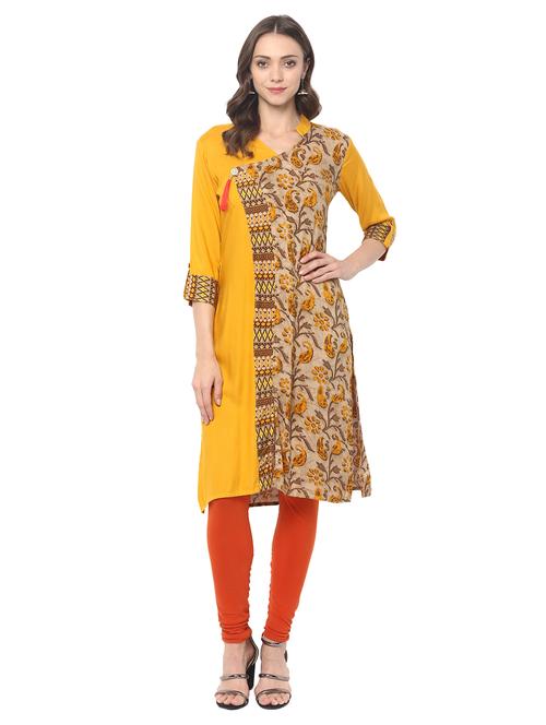 mustard rayon straight kurta - 15152262 - Standard Image - 1