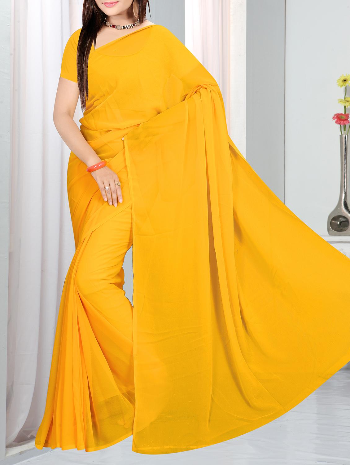 Yellow plain saree with blouse - 15155236 - Zoom Image - 1