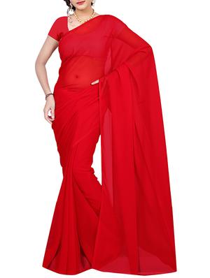 red georgette plain saree with blouse - 15155238 - Standard Image - 1