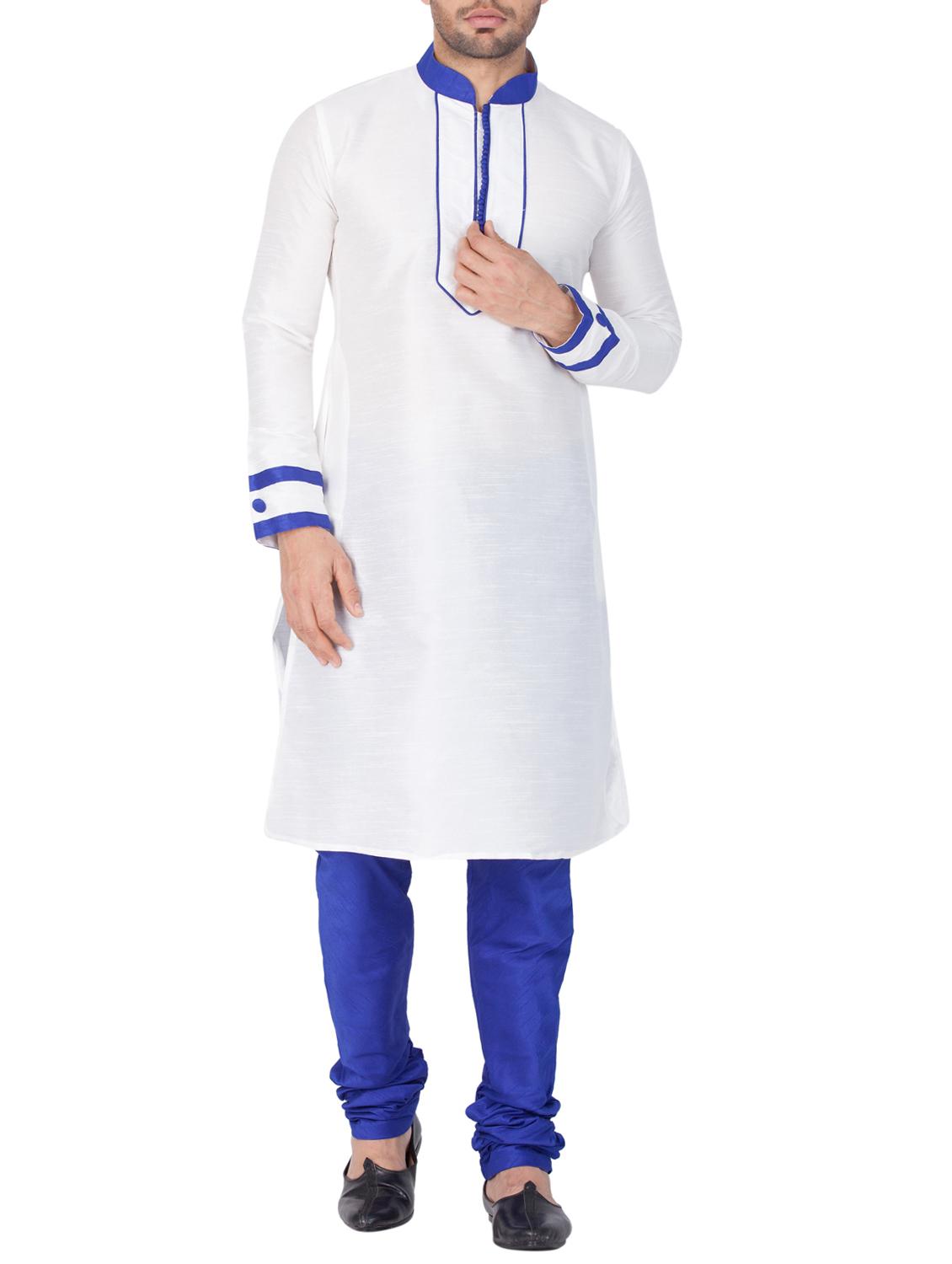 white and blue silk blend kurta pyjama set - 15158920 - Zoom Image - 1