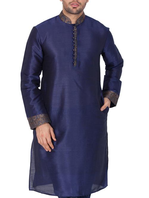 blue silk blend long kurta - 15159453 - Standard Image - 1
