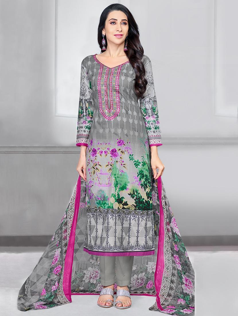 grey embroidered unstitched straight pant suit - 15168606 - Zoom Image - 1