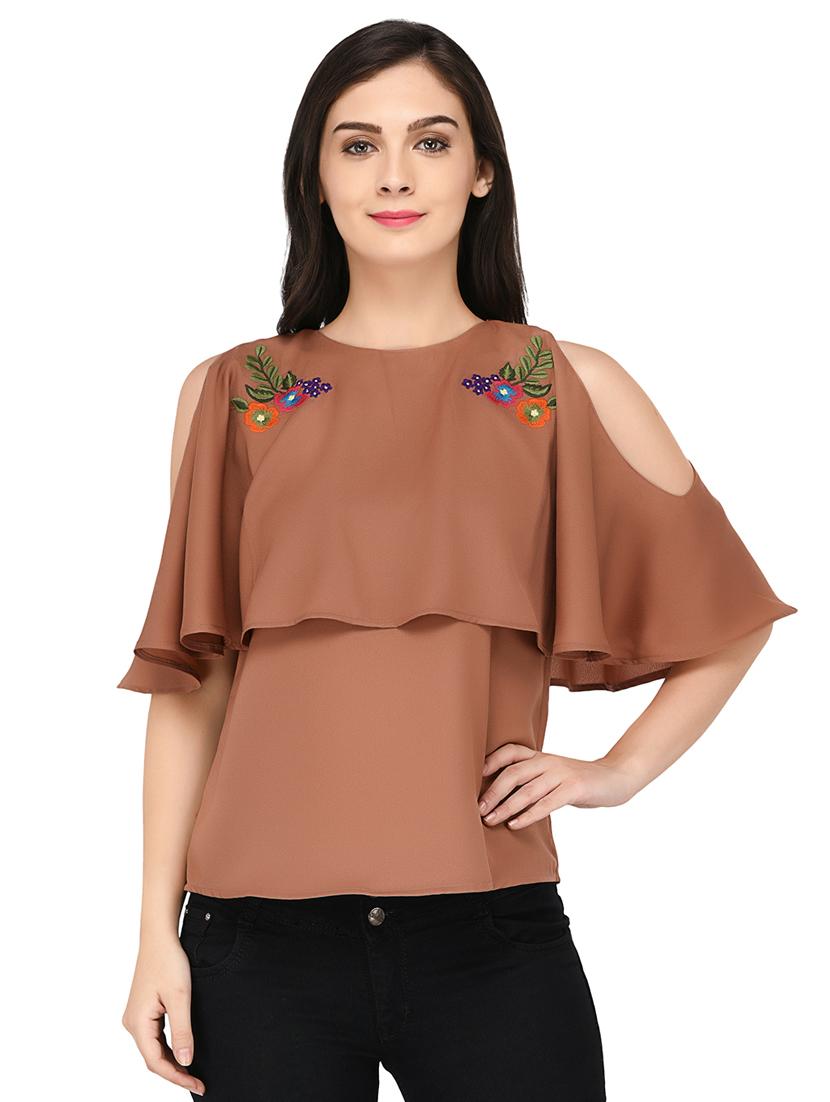 brown solid cold shoulder top - 15169510 - Zoom Image - 1