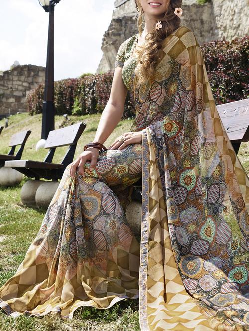 beige georgette printed saree with blouse - 15170685 - Very Small Image - 1