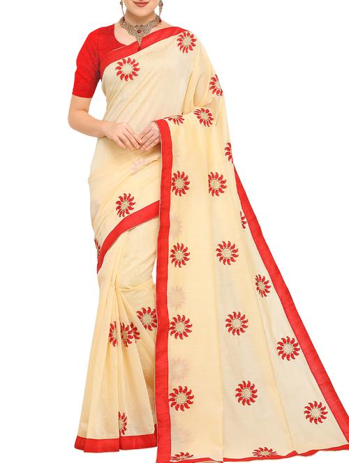 beige cotton blend embroidered saree with blouse - 15171096 - Standard Image - 1