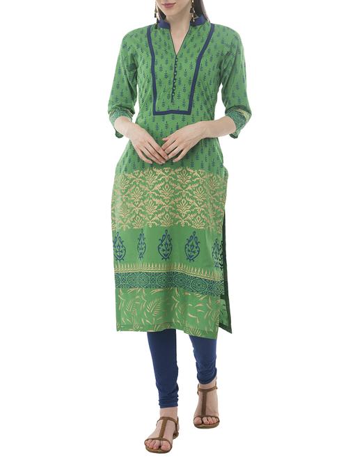 green cotton straight kurta - 15171130 - Standard Image - 1