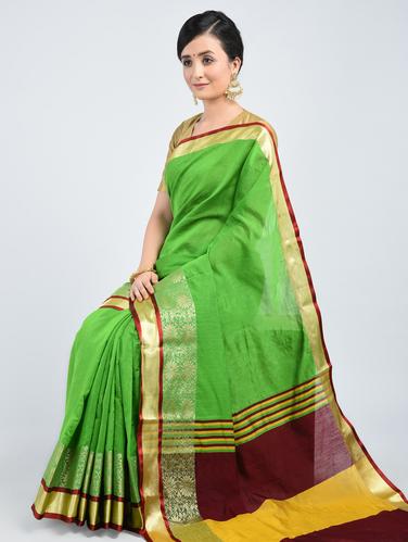 green cotton handloom saree with blouse - 15171463 - Very Small Image - 1