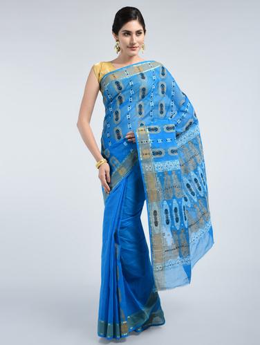 blue cotton tant saree with blouse - 15171476 - Very Small Image - 1