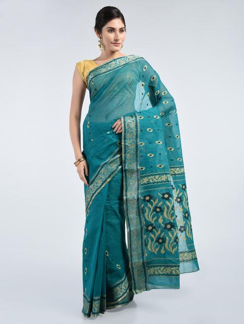 turquoise cotton tant saree with blouse - 15171498 - Very Small Image - 1