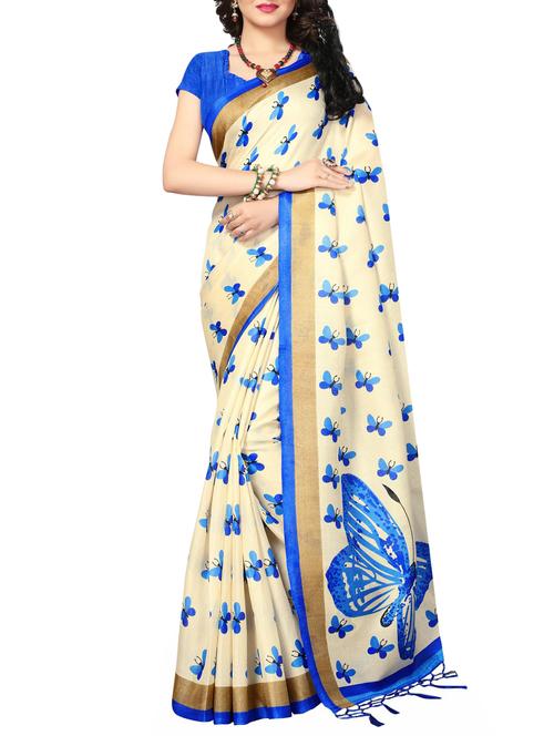 beige silk blend printed saree with blouse - 15172176 - Standard Image - 1