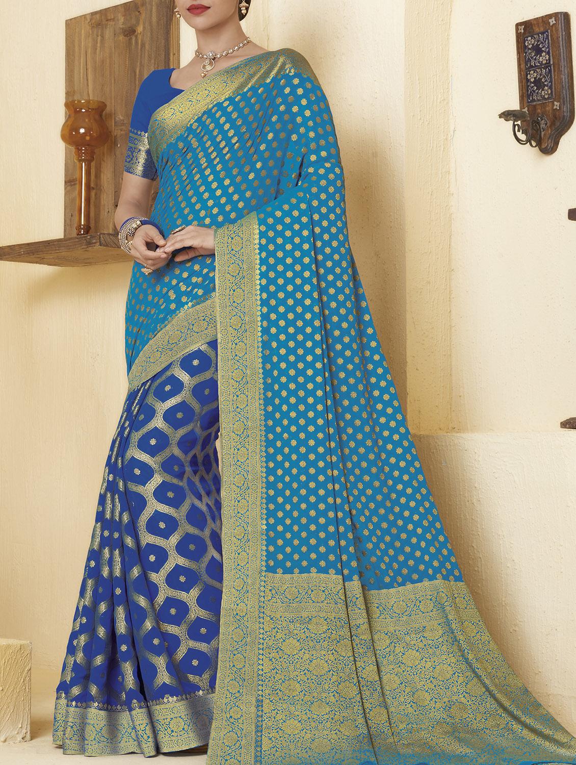 Golden Zari half and half saree with blouse - 15173620 - Zoom Image - 1