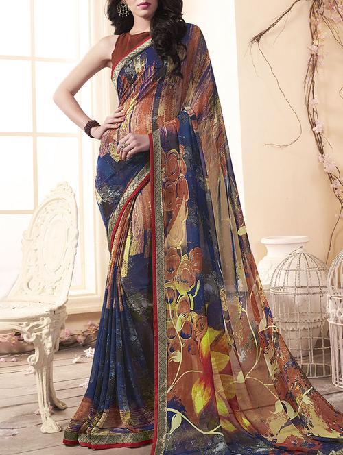 Blue printed saree with blouse - 15175261 - Standard Image - 1