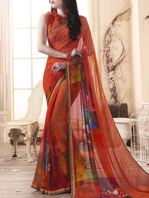 orange georgette printed saree with blouse - 15175265 - Standard Image - 1