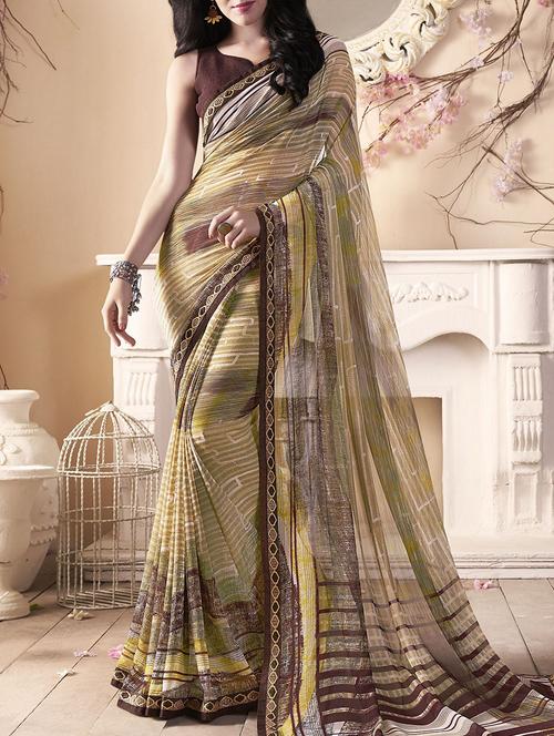 Beige printed saree with blouse - 15175270 - Standard Image - 1