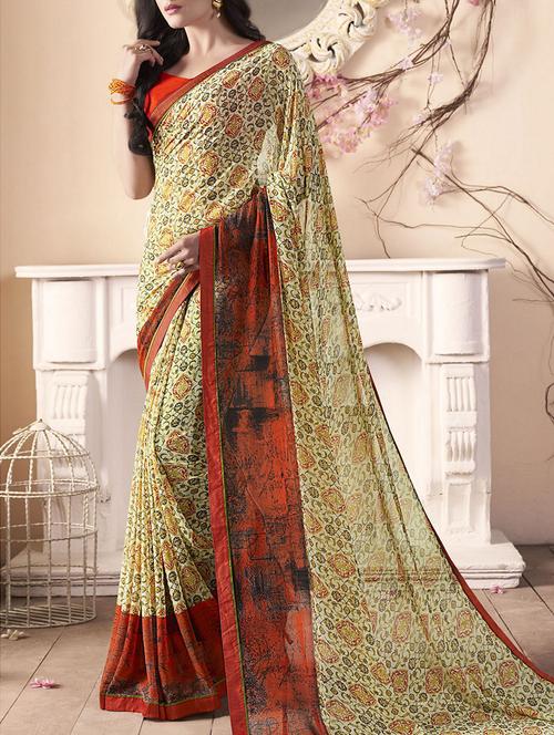 Beige printed saree with blouse - 15175271 - Standard Image - 1