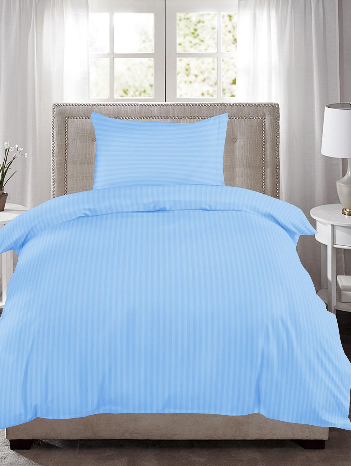 220 TC Striped Cotton Single Fitted Bedsheet with 1 Pillow Cover - 36 x 78 inches, Sky Blue - 15175459 - Zoom Image - 1