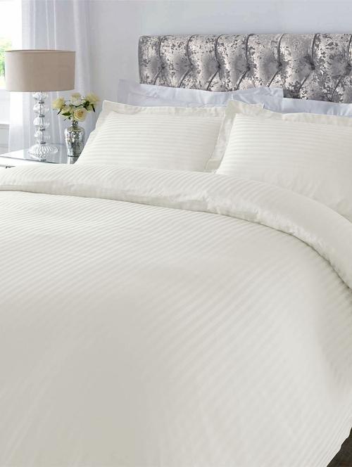 220 TC Striped Cotton Double Fitted Bedsheet with 2 Pillow Covers - 72 x 78 inches, Ivory - 15175468 - Very Small Image - 1