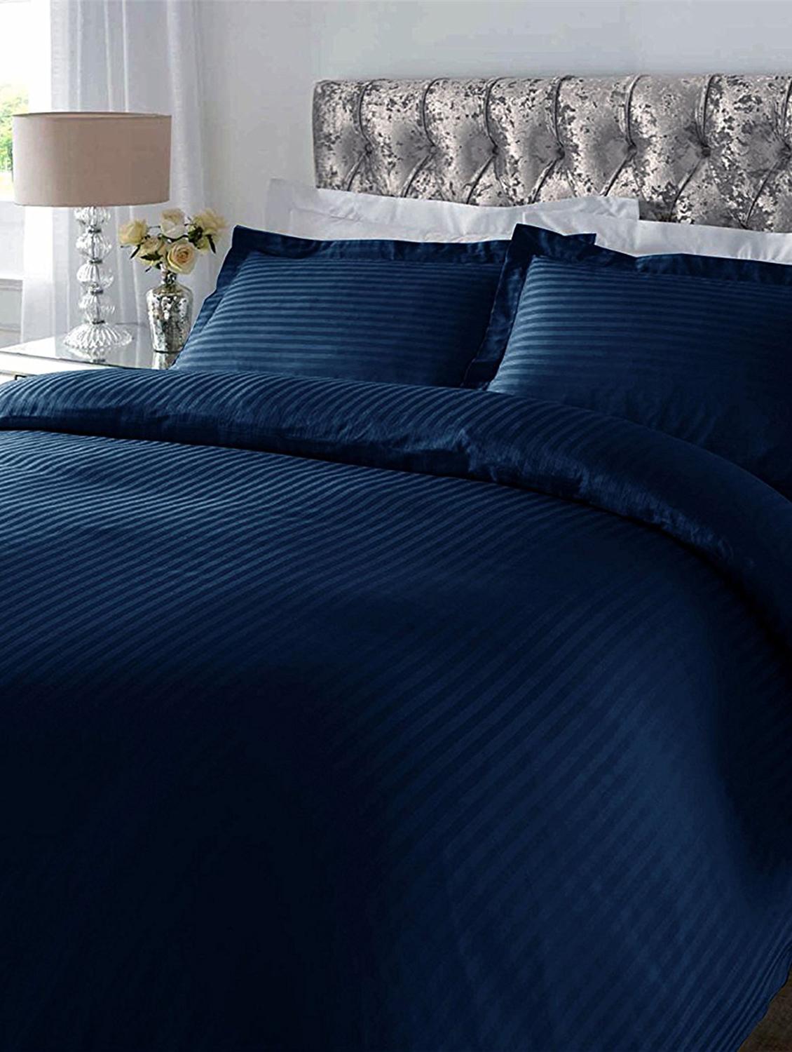 220 TC Striped Cotton Double Bedsheet with 2 Pillow Covers - 90 x 100 inches, Navy Blue - 15175480 - Zoom Image - 1