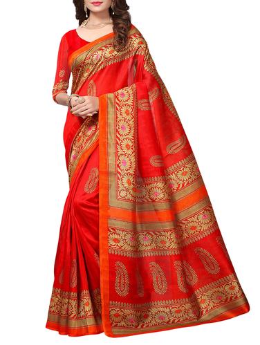 red cotton silk printed saree with blouse - 15175568 - Very Small Image - 1