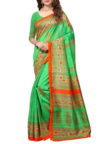 green cotton silk printed saree with blouse - 15175570 - Very Small Image - 1