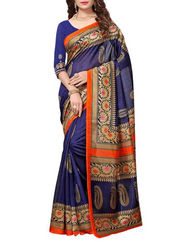 blue cotton silk printed saree with blouse - 15175572 - Very Small Image - 1