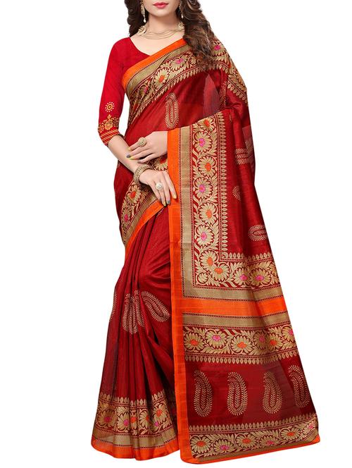 maroon cotton silk printed saree with blouse - 15175573 - Very Small Image - 1