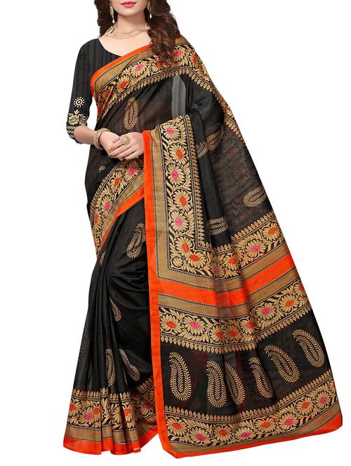 black cotton silk printed saree with blouse - 15175574 - Very Small Image - 1