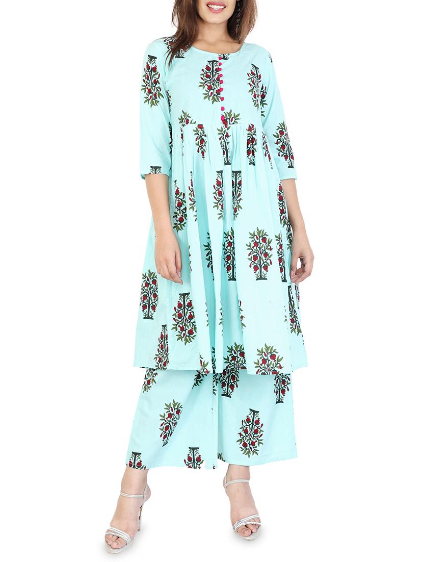 Block printed kurta palazzo set - 15175661 - Zoom Image - 1