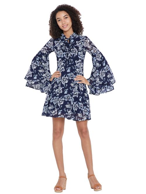 navy blue floral a-line dress - 15175699 - Standard Image - 1