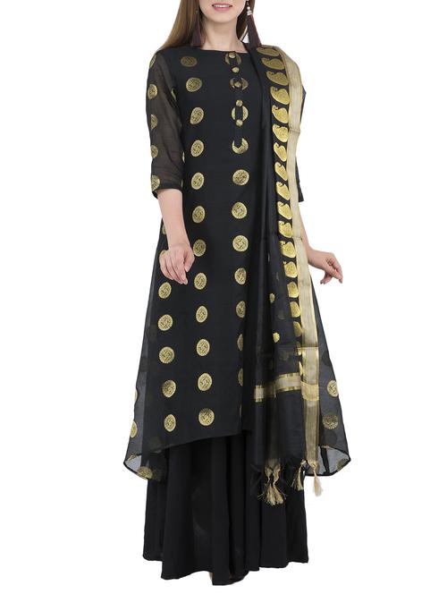 black chanderi kurta dupatta set - 15175740 - Very Small Image - 1