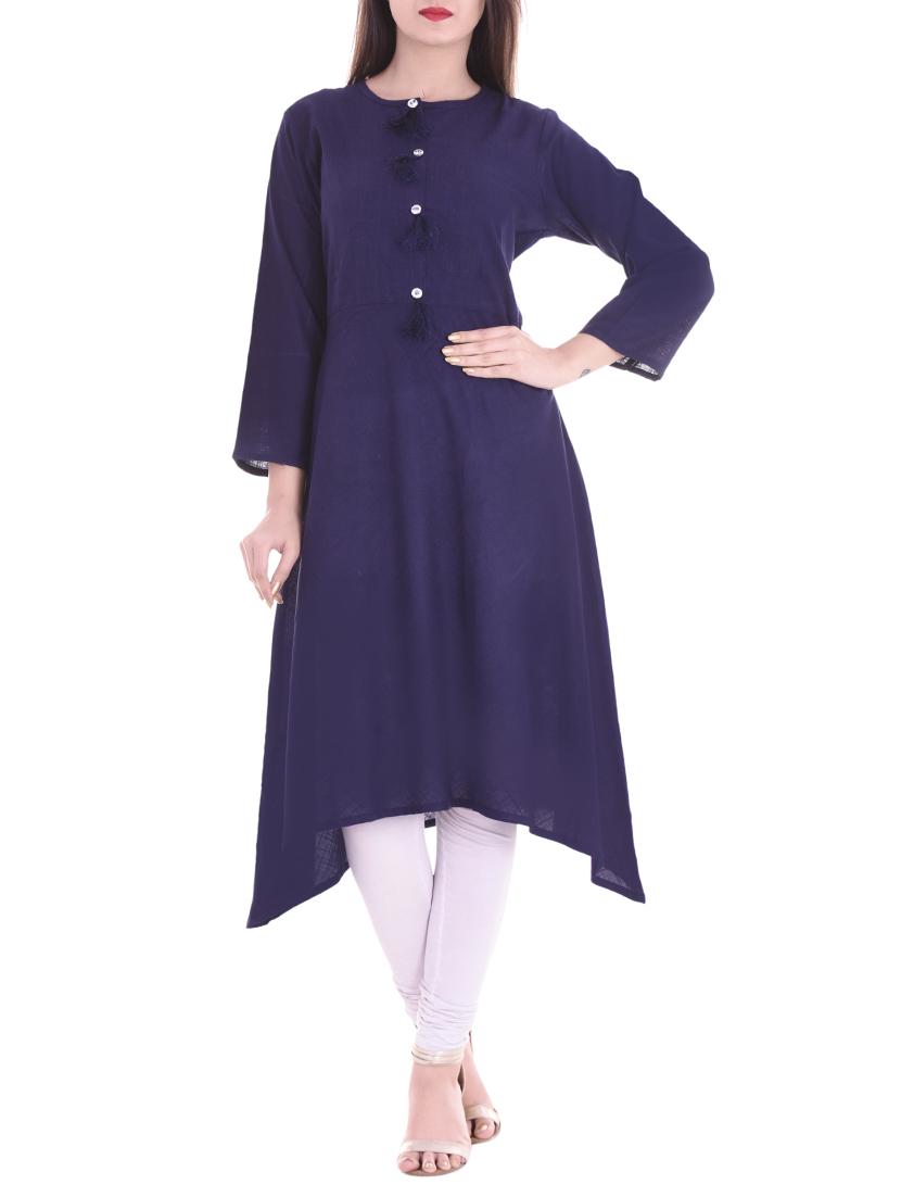 blue cotton asymmetric solid kurta - 15175868 - Zoom Image - 1