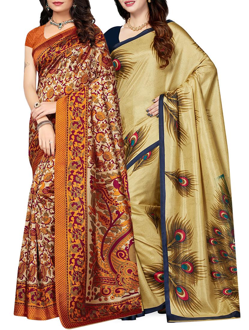set of 2 multicolor silk blend printed saree combo with blouse - 15176503 - Zoom Image - 1