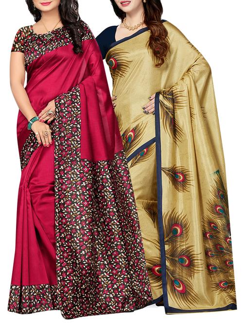 set of 2 multicolor silk blend printed saree combo with blouse - 15176507 - Very Small Image - 1