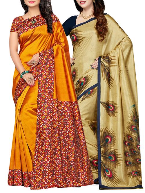 set of 2 multicolor silk blend printed saree combo with blouse - 15176508 - Standard Image - 1