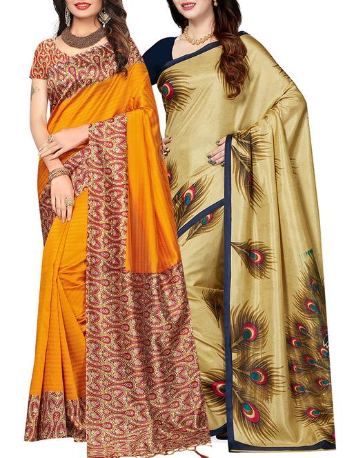 set of 2 multicolor silk blend printed saree combo with blouse - 15176510 - Standard Image - 1