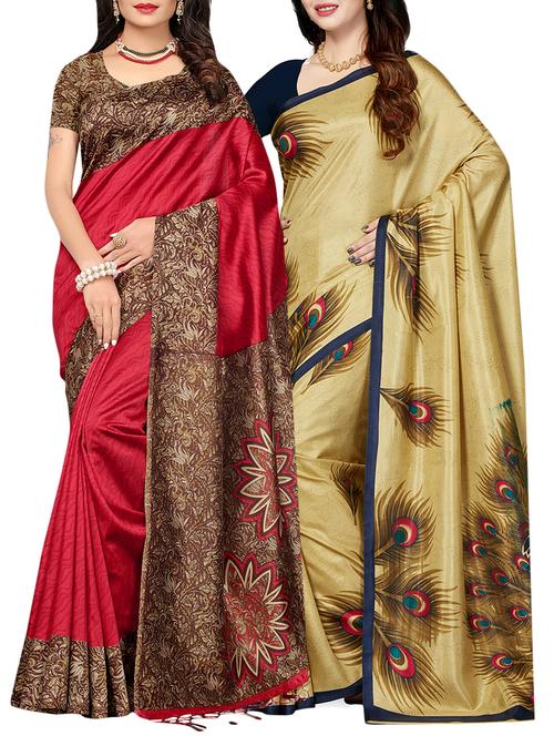 set of 2 multicolor silk blend printed saree combo with blouse - 15176513 - Standard Image - 1