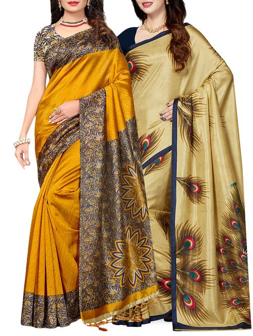 set of 2 multicolor silk blend printed saree combo with blouse - 15176514 - Standard Image - 1