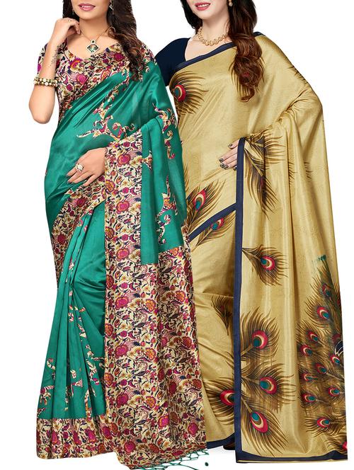 set of 2 multicolor silk blend printed saree combo with blouse - 15176515 - Standard Image - 1