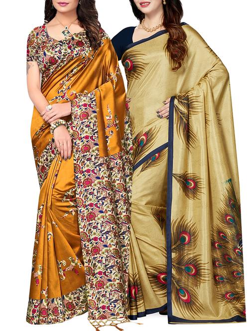 set of 2 multicolor silk blend printed saree combo with blouse - 15176516 - Standard Image - 1